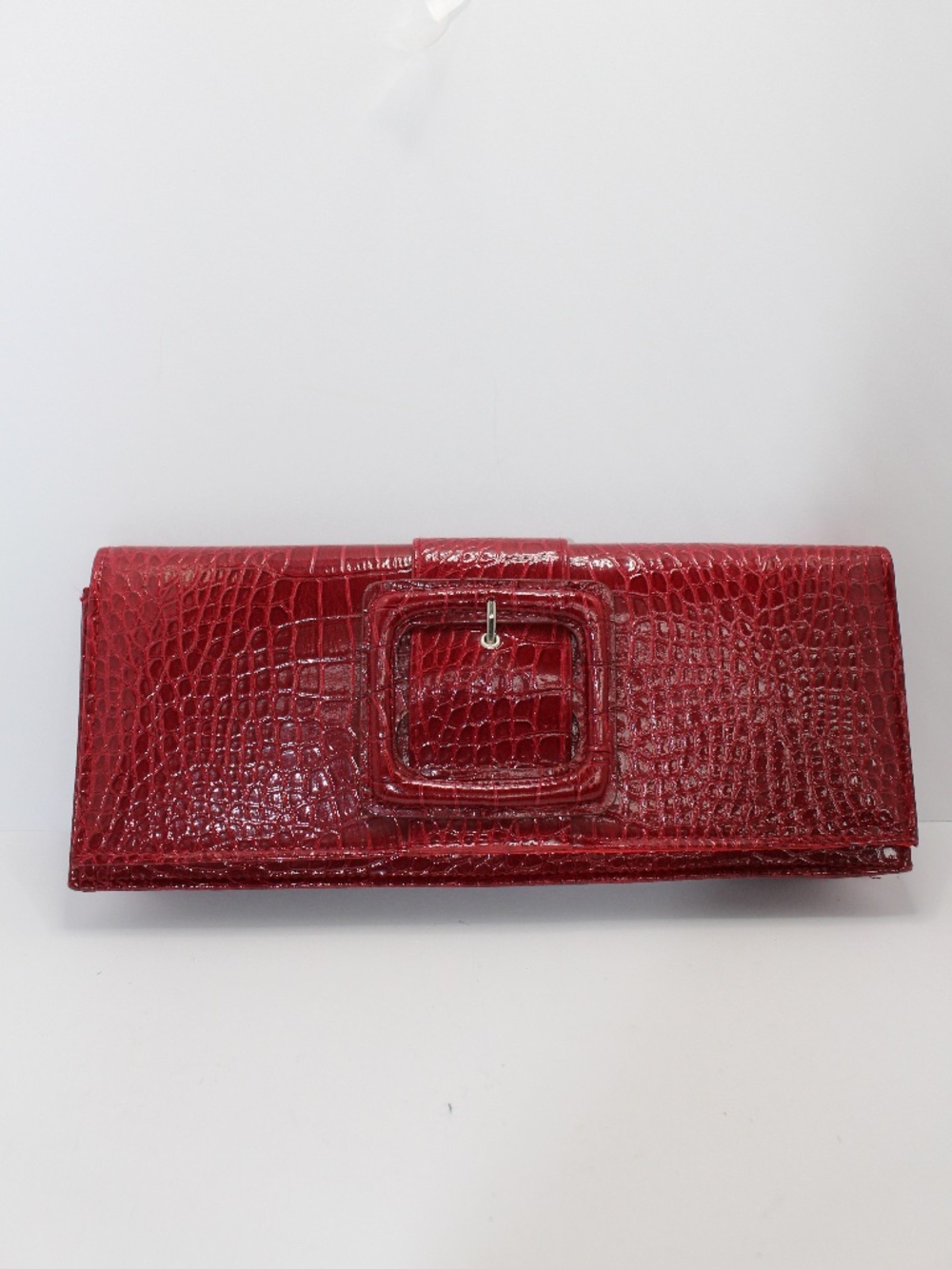 Vintage Red Faux Croc Embossed Oversized Buckle Clutch
